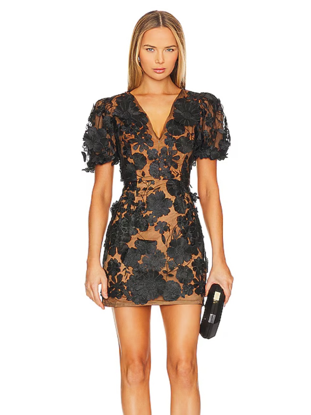 Elliatt Rosalind Black Floral Appliqué Mini Dress over Nude Base NWT